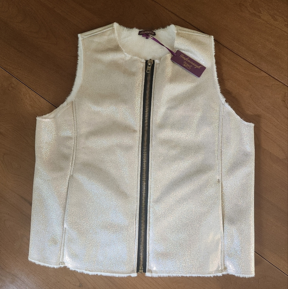 glamourpuss NYC 9032 Gold Dust Iridescent Faux Shearling Zip Vest Cream Medium